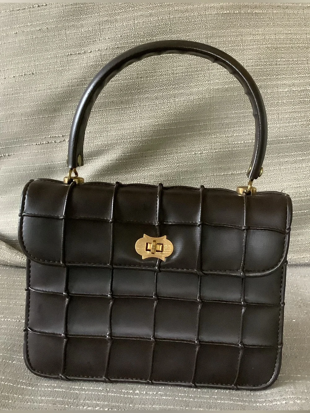 Vintage Black Quilted Top-Handle Women's Bag with Gold Turn-Lock